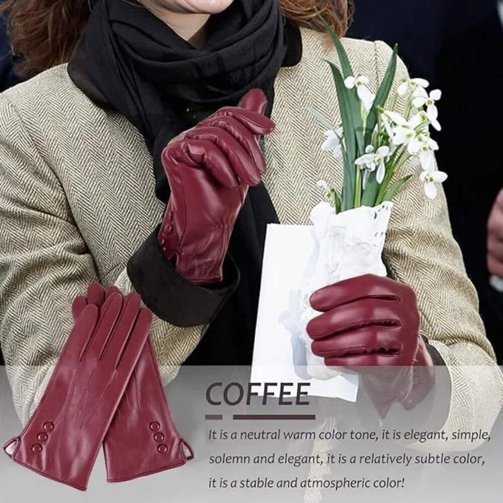 Women’s Leather Gloves Genuine SheepSkin Leather Cold Weather Cashmere Deep Red